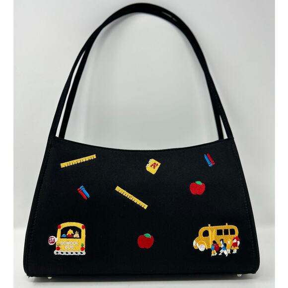 Women's Small Black Handbag‎ School Bus Rulers Apples Crayons Notebook - Picture 1 of 12